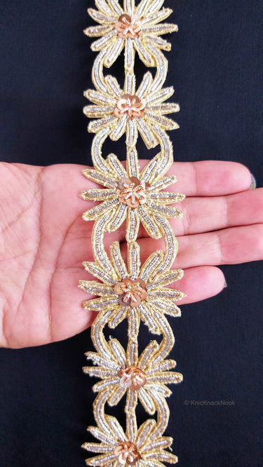 Embroidered Silver And Gold Zardozi Floral Trim, Threadwork Lace, Indian Trim